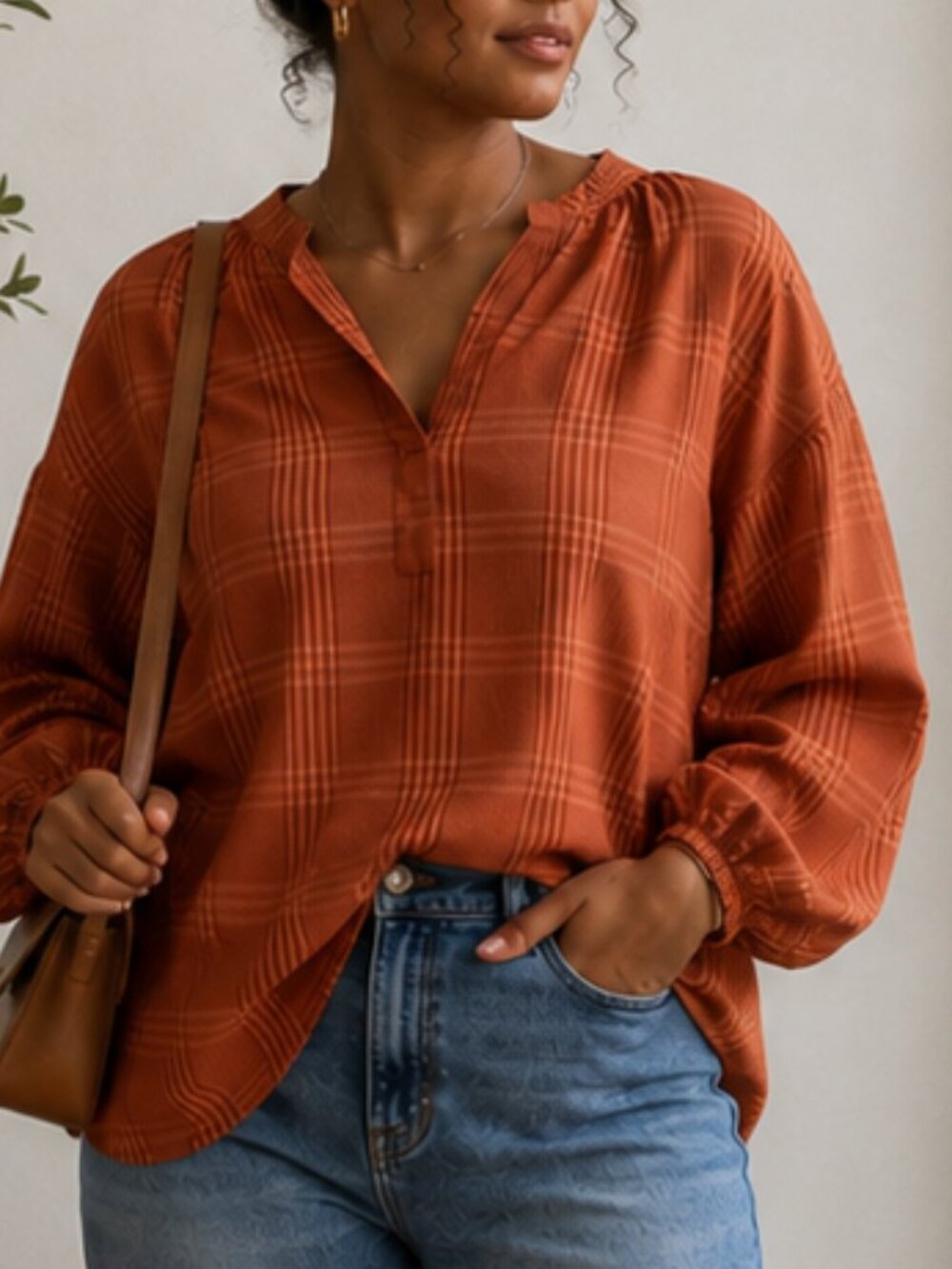 NWT A New Day Small Burnt Orange Plaid Balloon Sleeve Popover Blouse